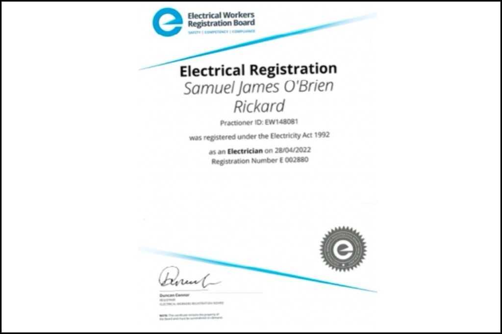 Registered Electrician Sam Rickard Level 4